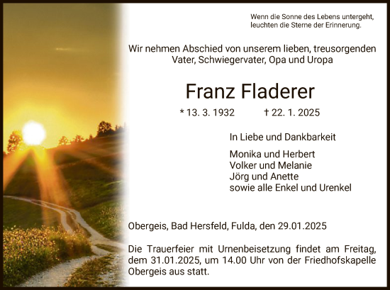 Traueranzeige von Franz Fladerer von HZ