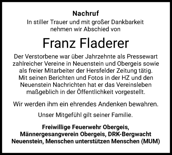 Traueranzeige von Franz Fladerer von HZ