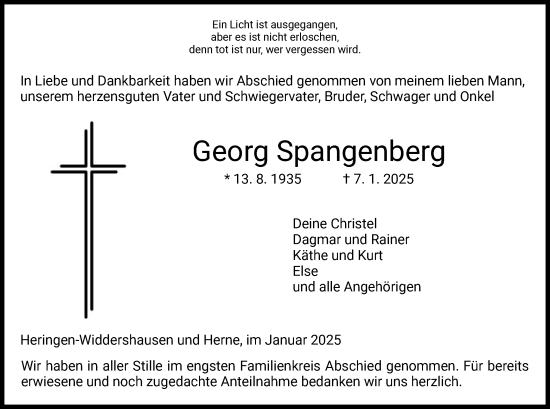 Traueranzeige von Georg Spangenberg von HZHNA