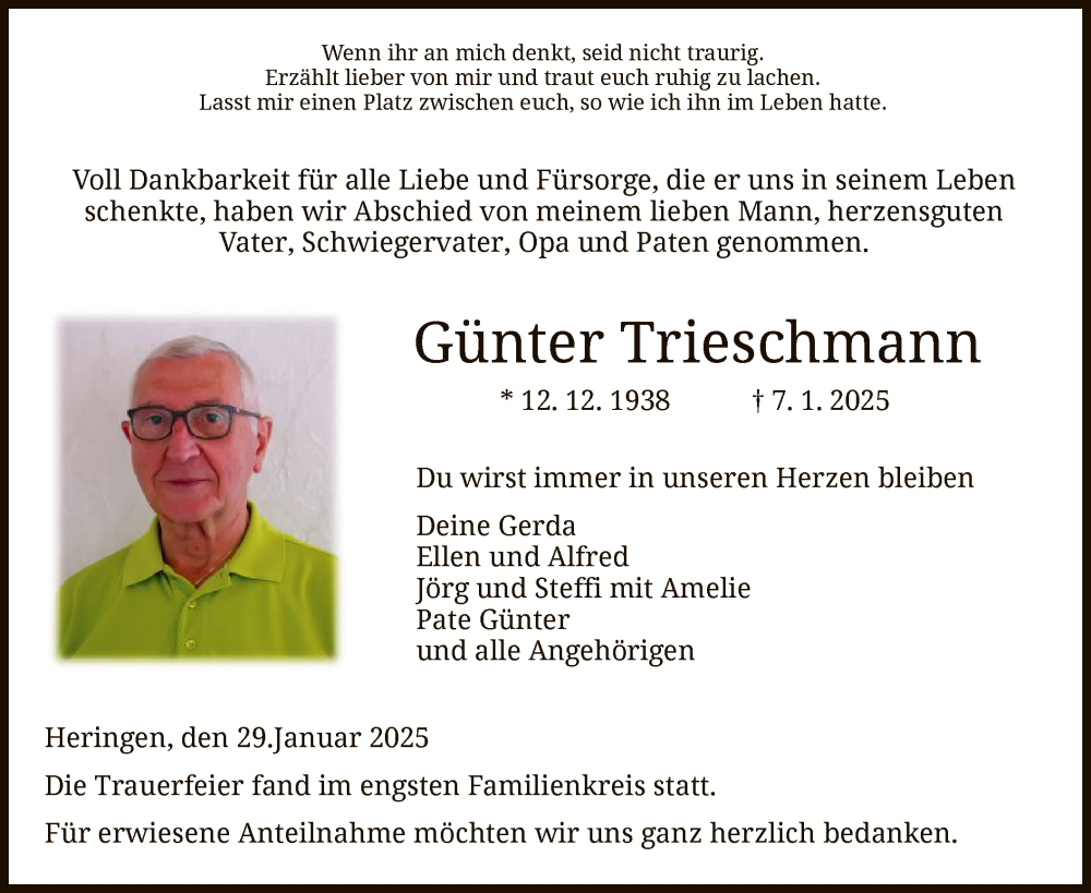  Traueranzeige für Günter Trieschmann vom 29.01.2025 aus HZ