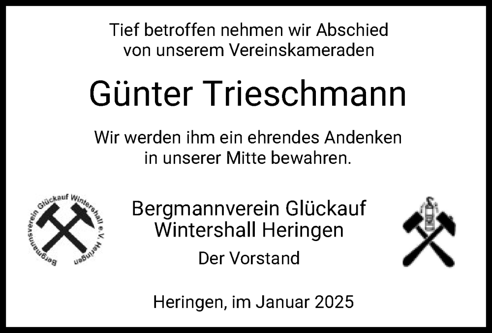  Traueranzeige für Günter Trieschmann vom 29.01.2025 aus HZ