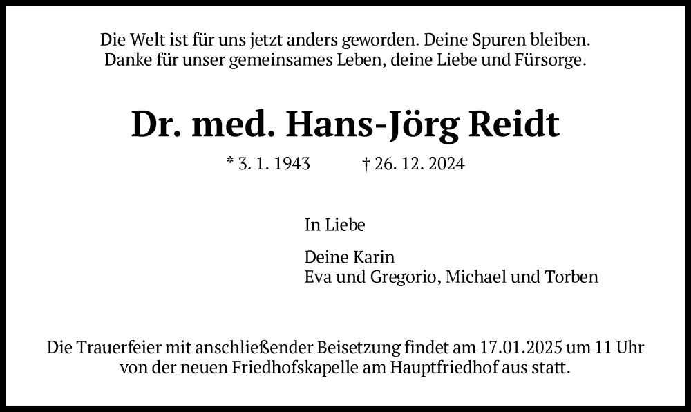  Traueranzeige für Hans-Jörg Reidt vom 14.01.2025 aus HZ