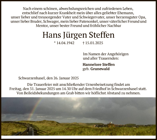 Traueranzeige von Hans Jürgen Steffen von HNAHNAHZ