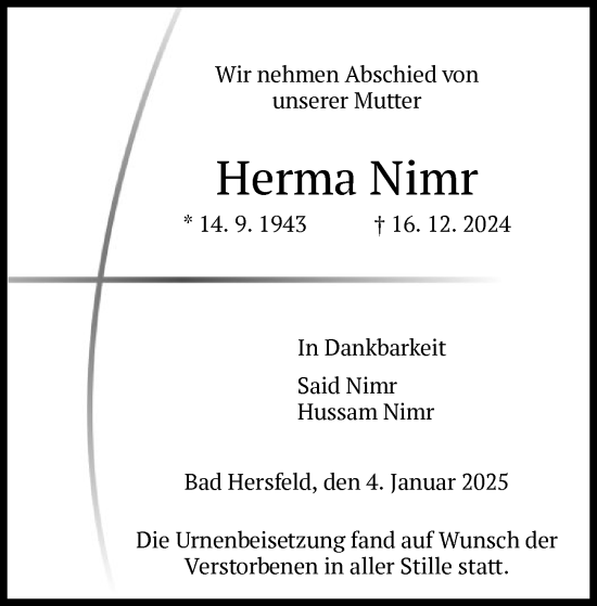 Traueranzeige von Herma Nimr von HZ