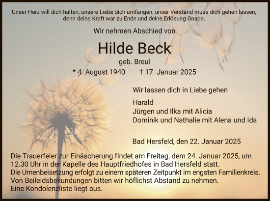 Traueranzeige von Hilde Beck von HZ