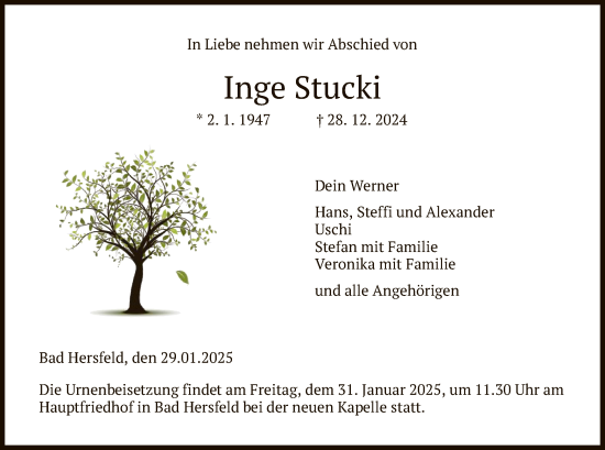 Traueranzeige von Inge Stucki von HZ