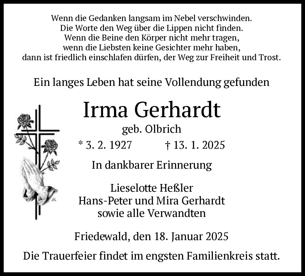  Traueranzeige für Irma Gerhardt vom 18.01.2025 aus HZ
