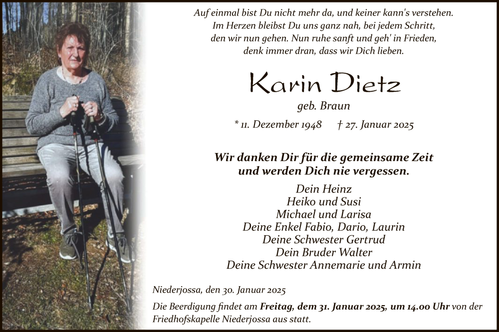  Traueranzeige für Karin Dietz vom 30.01.2025 aus HZ