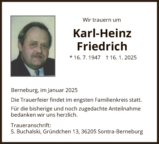 Traueranzeige von Karl-Heinz Friedrich von HZ