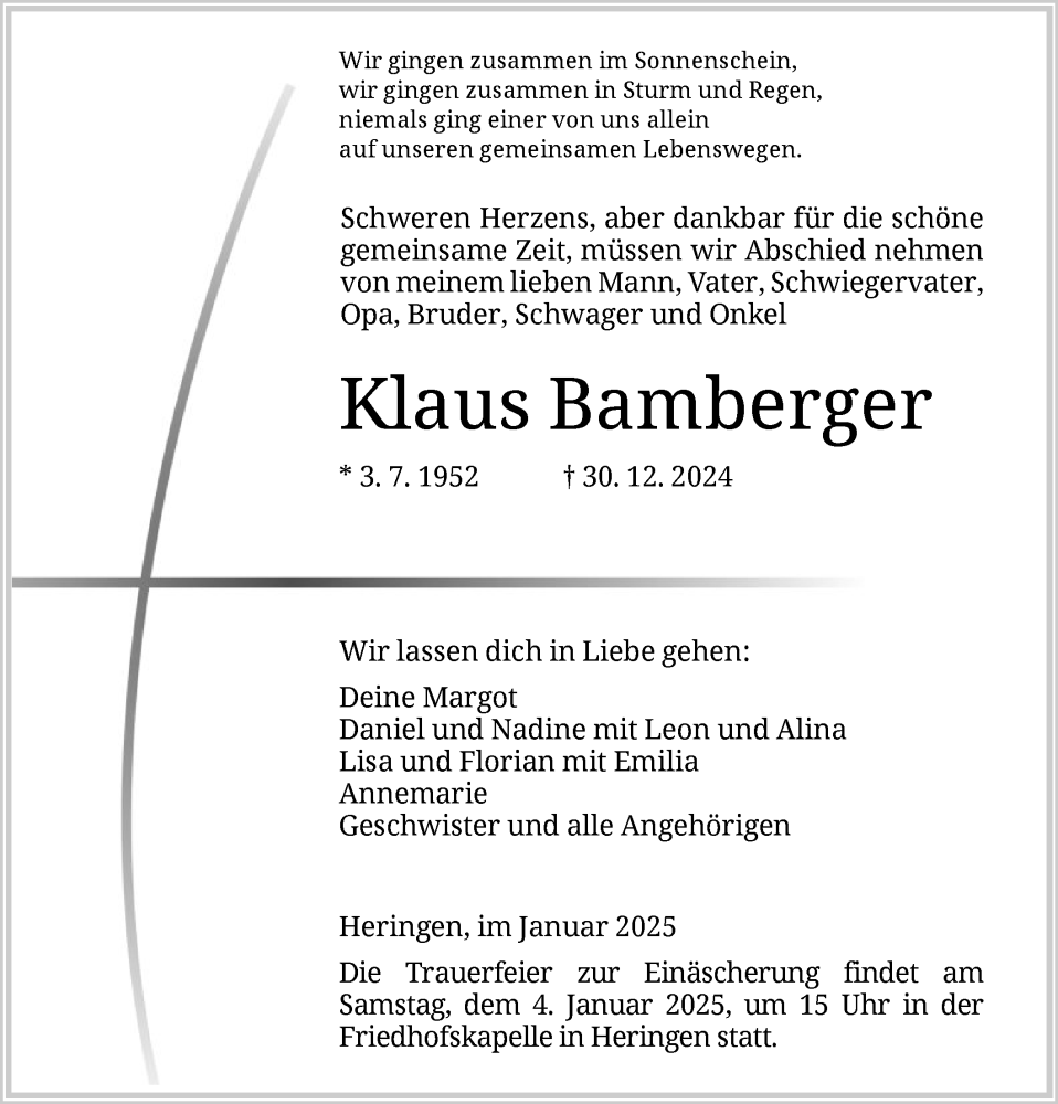  Traueranzeige für Klaus Bamberger vom 03.01.2025 aus HZ