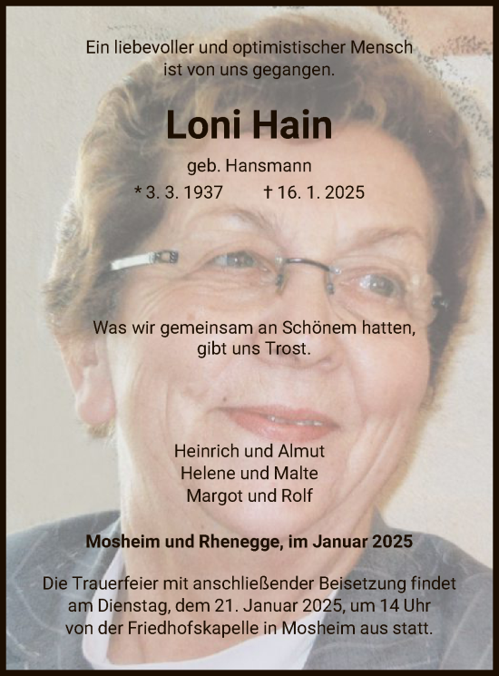 Traueranzeige von Loni Hain von HNA