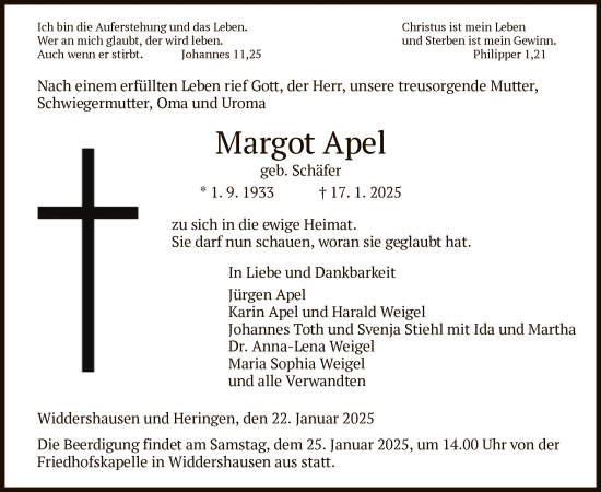 Traueranzeige von Margot Apel von HZ