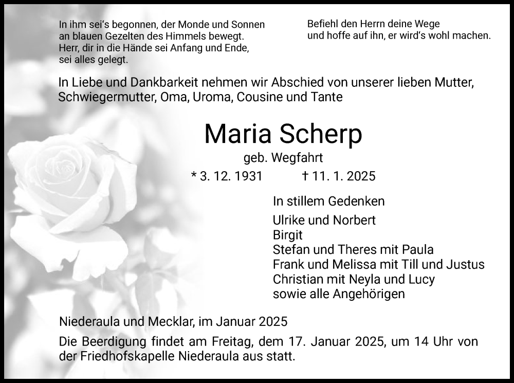  Traueranzeige für Maria Scherp vom 15.01.2025 aus HZ