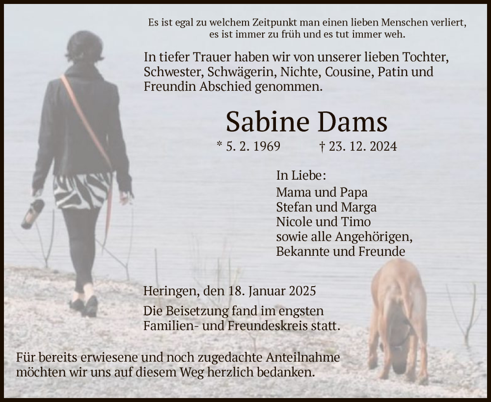  Traueranzeige für Sabine Dams vom 18.01.2025 aus HZ