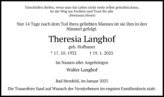 Traueranzeige von Theresia Langhof von HZ