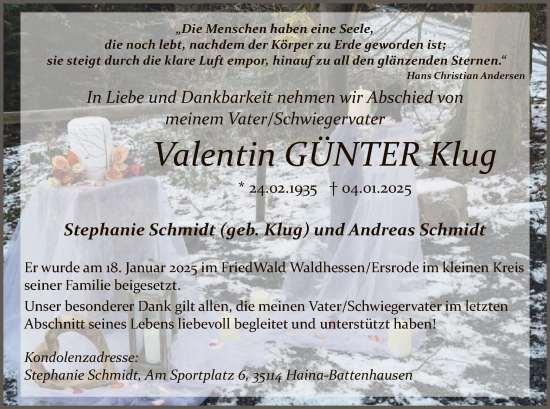 Traueranzeige von Valentin Günter Klug von HZ