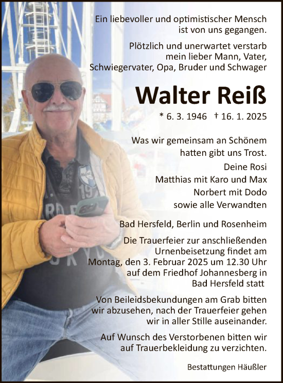 Traueranzeige von Walter Reiß von HZ