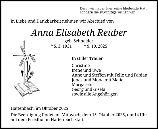Traueranzeige von Anna Elisabeth Reuber von HZ