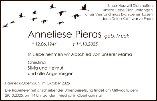 Traueranzeige von Anneliese Pieras von HZ