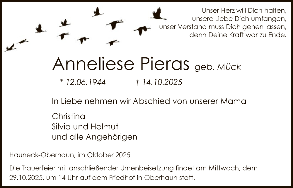  Traueranzeige für Anneliese Pieras vom 25.10.2025 aus HZ