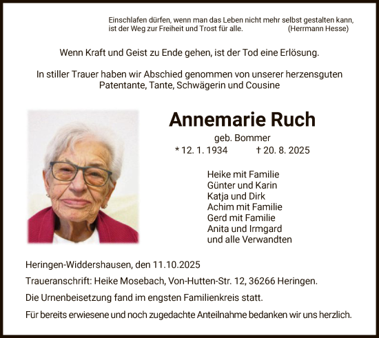 Traueranzeige von Annemarie Ruch von HZ