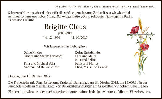 Traueranzeige von Brigitte Claus von HZHNA
