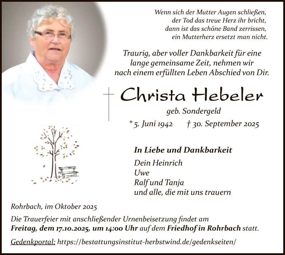 Traueranzeige für Christa Hebeler vom 11.10.2025 aus HZ