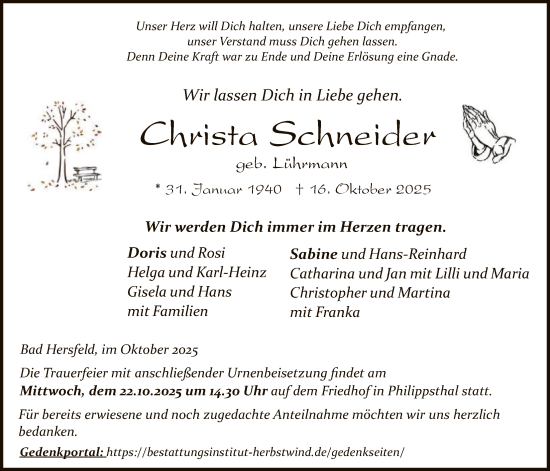 Traueranzeige von Christa Schneider von HZ