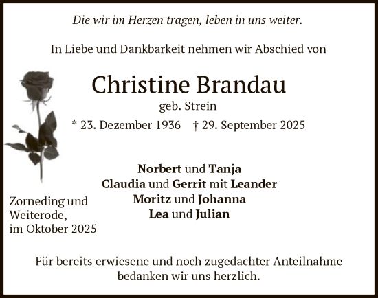 Traueranzeige von Christine Brandau von HNAHZ