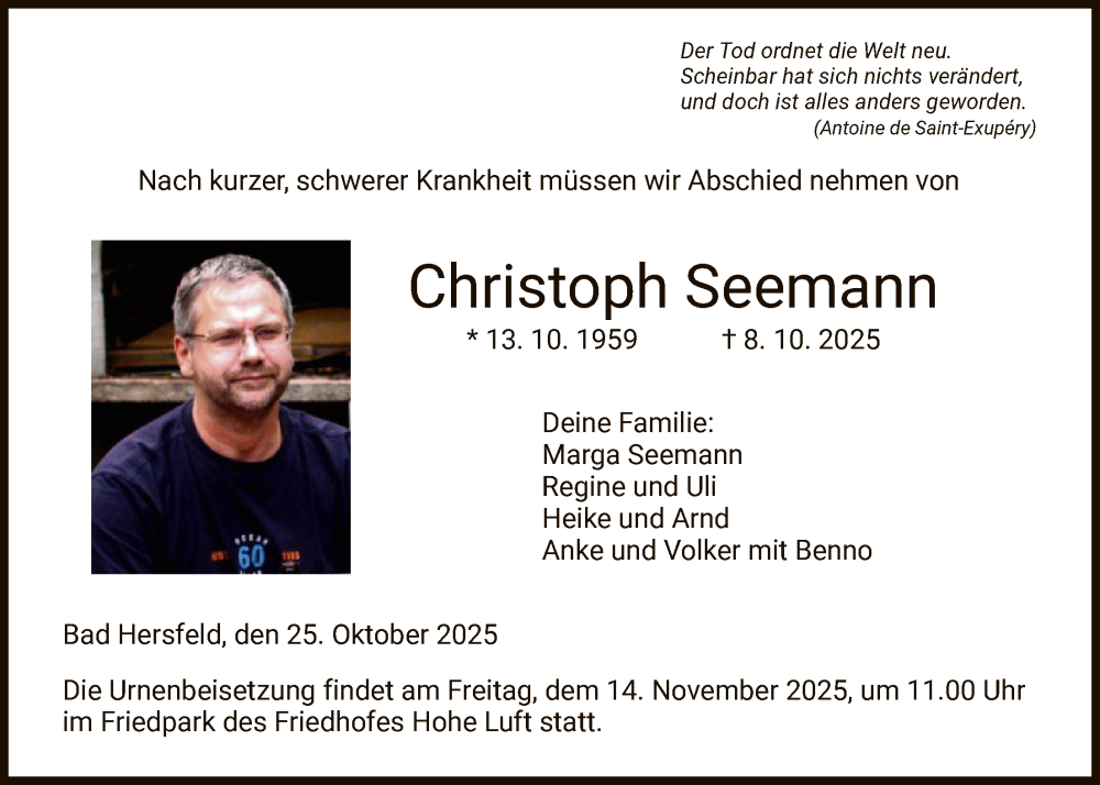 Traueranzeige für Christoph Seemann vom 25.10.2025 aus HZ