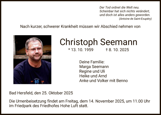 Traueranzeige von Christoph Seemann von HZ