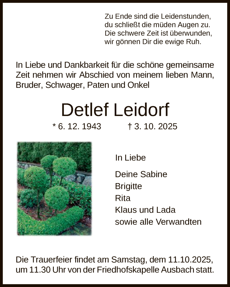  Traueranzeige für Detlef Leidorf vom 08.10.2025 aus HZ