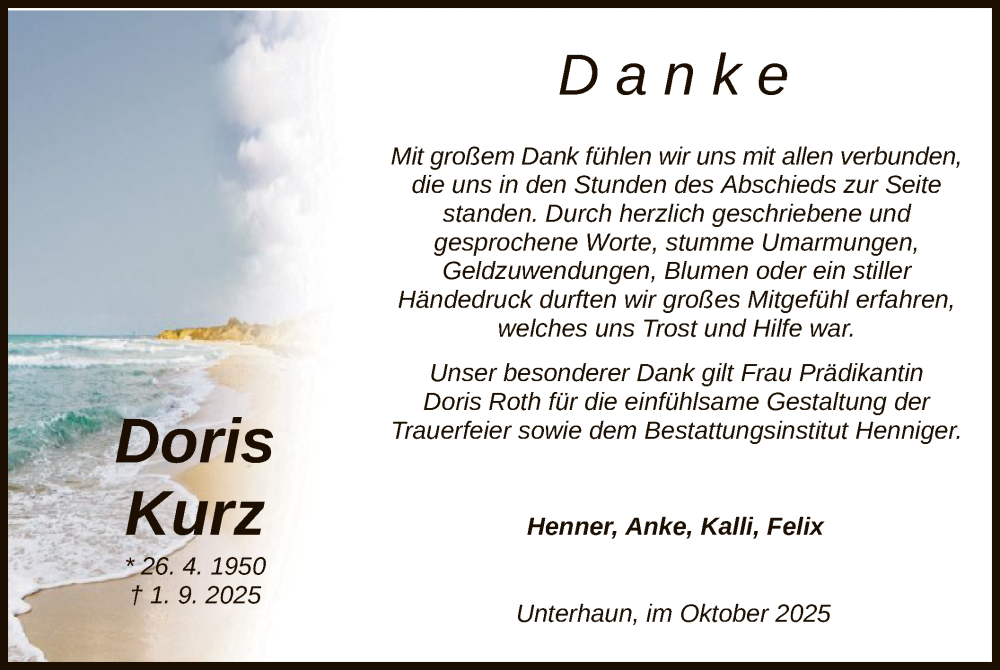  Traueranzeige für Doris Kurz vom 11.10.2025 aus HZ