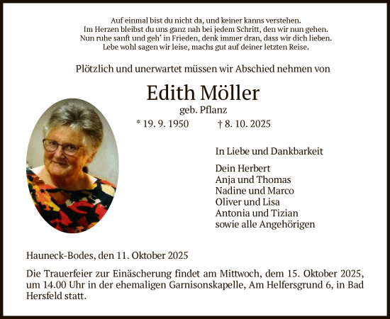 Traueranzeige von Edith Möller von HZ