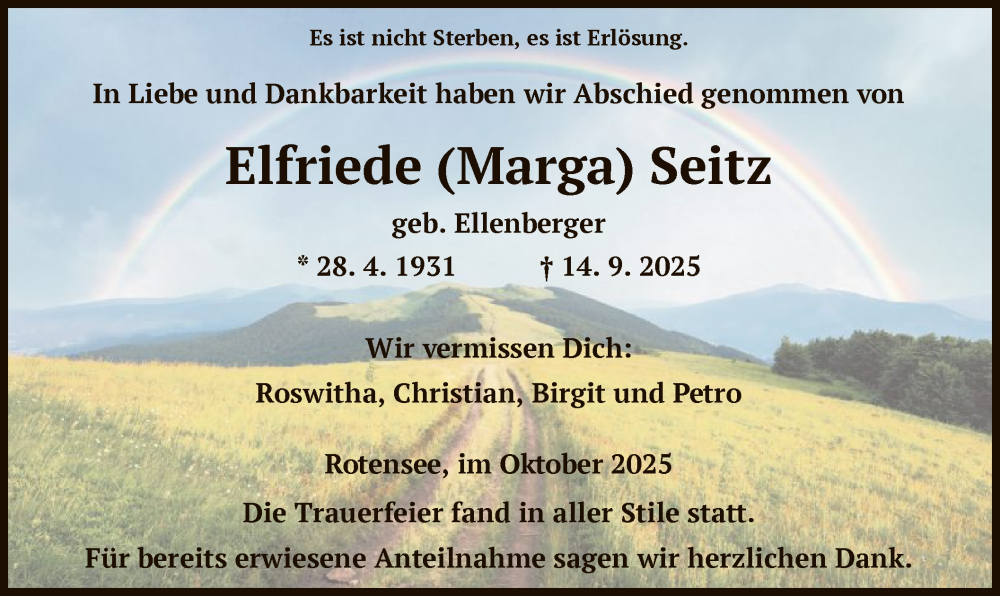  Traueranzeige für Elfriede Seitz vom 11.10.2025 aus HZ