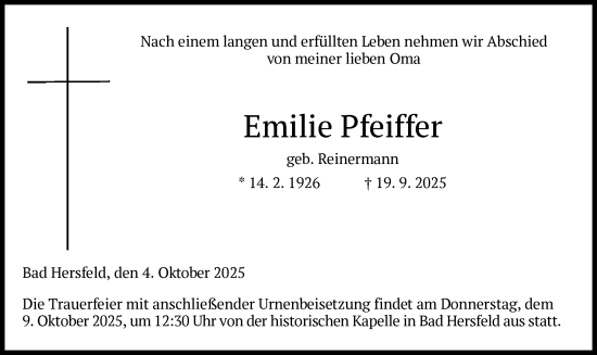 Traueranzeige von Emilie Pfeiffer von HZ