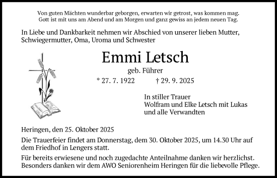 Traueranzeige von Emmi Letsch von HZ