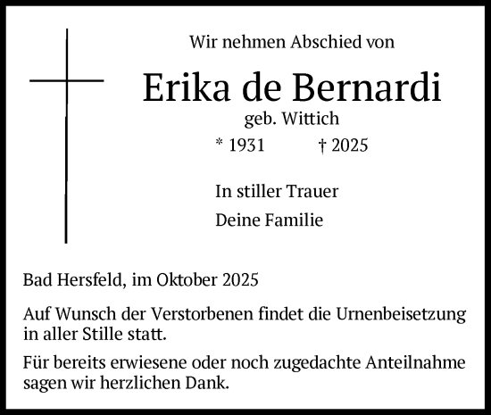 Traueranzeige von Erika de Bernardi von HZHN