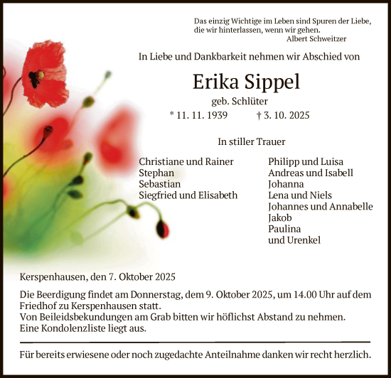Traueranzeige von Erika Sippel von HZ