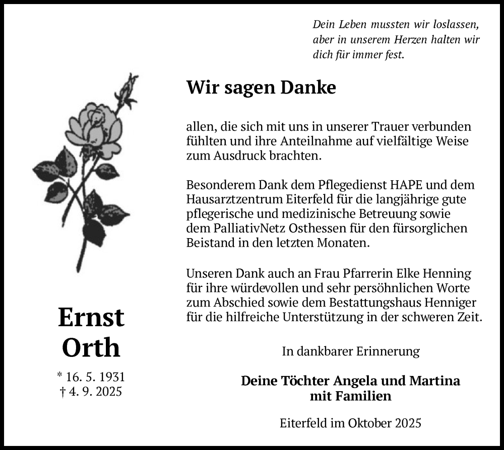  Traueranzeige für Ernst Orth vom 04.10.2025 aus HZ