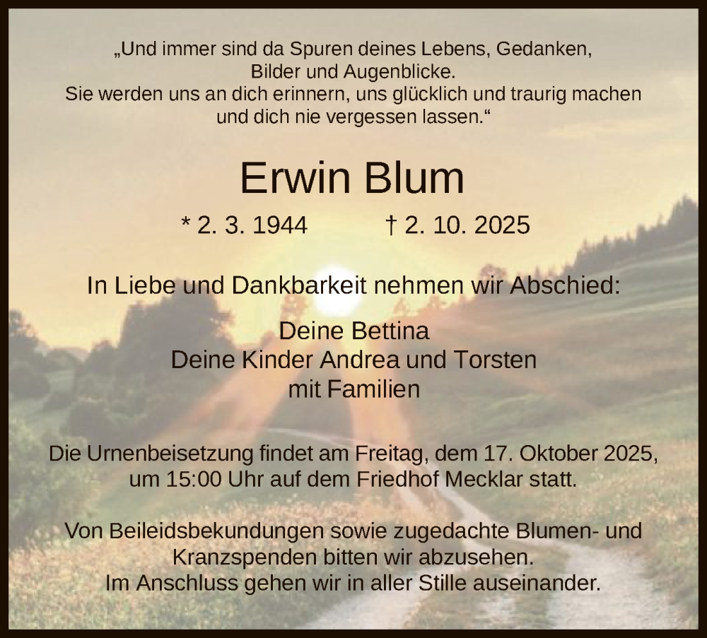  Traueranzeige für Erwin Blum vom 11.10.2025 aus HZ