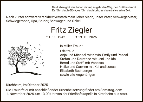Traueranzeige von Fritz Ziegler von HZ