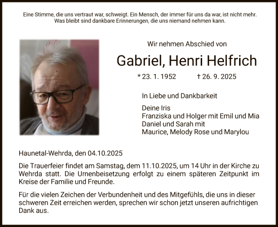 Traueranzeige von Gabriel Henri Helfrich von HZ