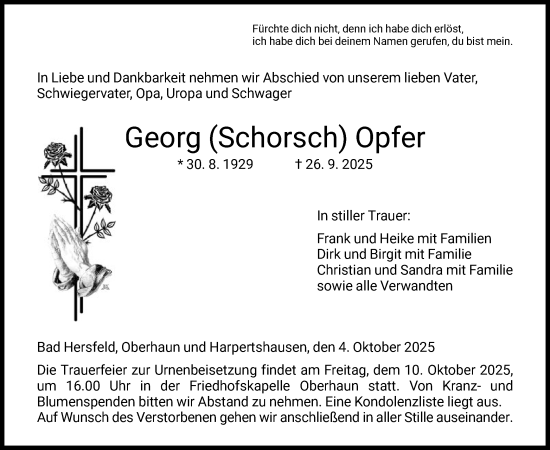 Traueranzeige von Georg Opfer von HZ
