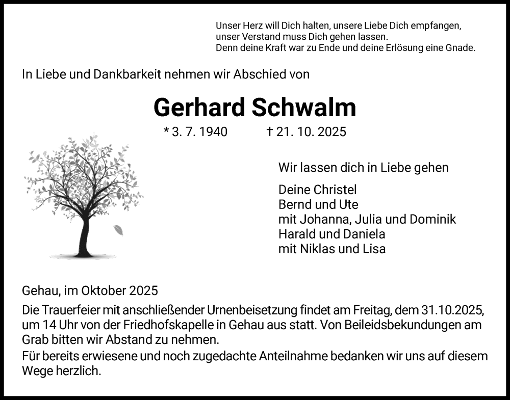  Traueranzeige für Gerhard Schwalm vom 25.10.2025 aus HZHN
