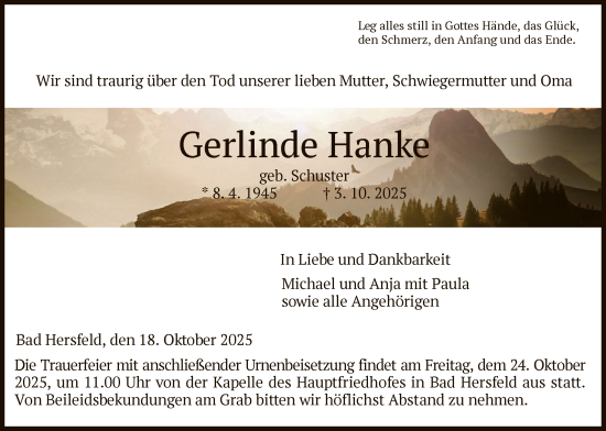 Traueranzeige von Gerlinde Hanke von HZ