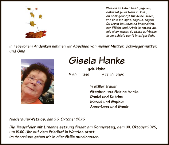 Traueranzeige von Gisela Hanke von HZHN