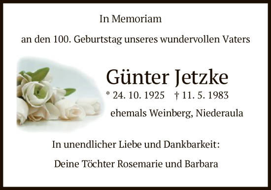 Traueranzeige von Günter Jetzke von HZ