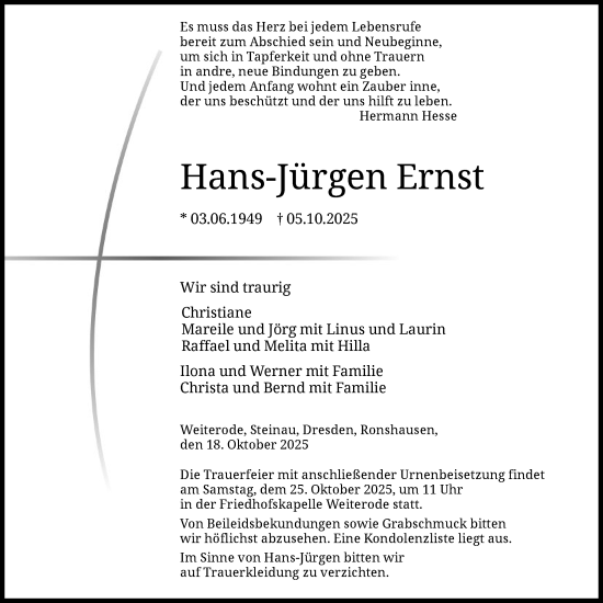 Traueranzeige von Hans-Jürgen Ernst von HNAHZ