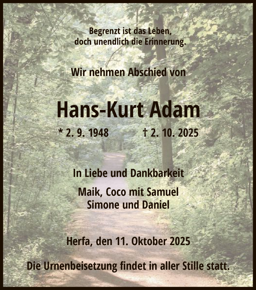  Traueranzeige für Hans-Kurt Adam vom 11.10.2025 aus HZ